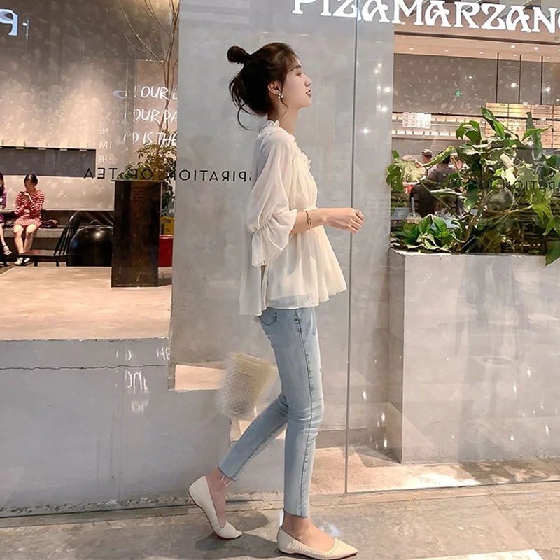 

Шикарная ультра-сказочная женская летняя шифоновая блузка с коротким рукавом, скрывающая живот, в корейском стиле, с V-образным вырезом, весна-осень