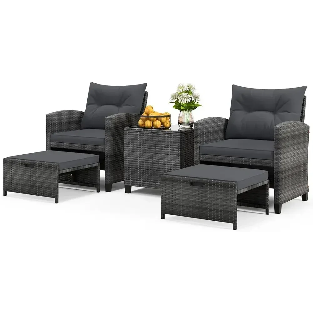 

5-Piece Outdoor Patio Furniture Set with Ottoman, Wicker Sectional with Cushions, Glass Coffee Table, Rattan Lounge Chairs, Bist