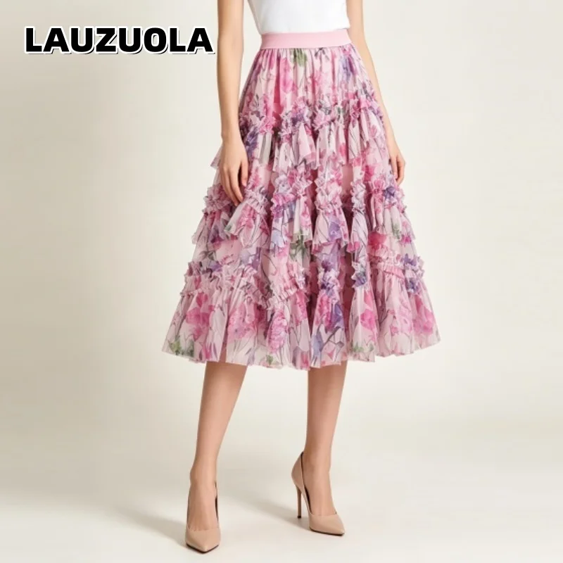 Women Floral Print Tiered Ruffle Maxi Skirt Elegant Elastic High Waist Chiffon Layered Swing Elegant Vacation Party Long Skirts