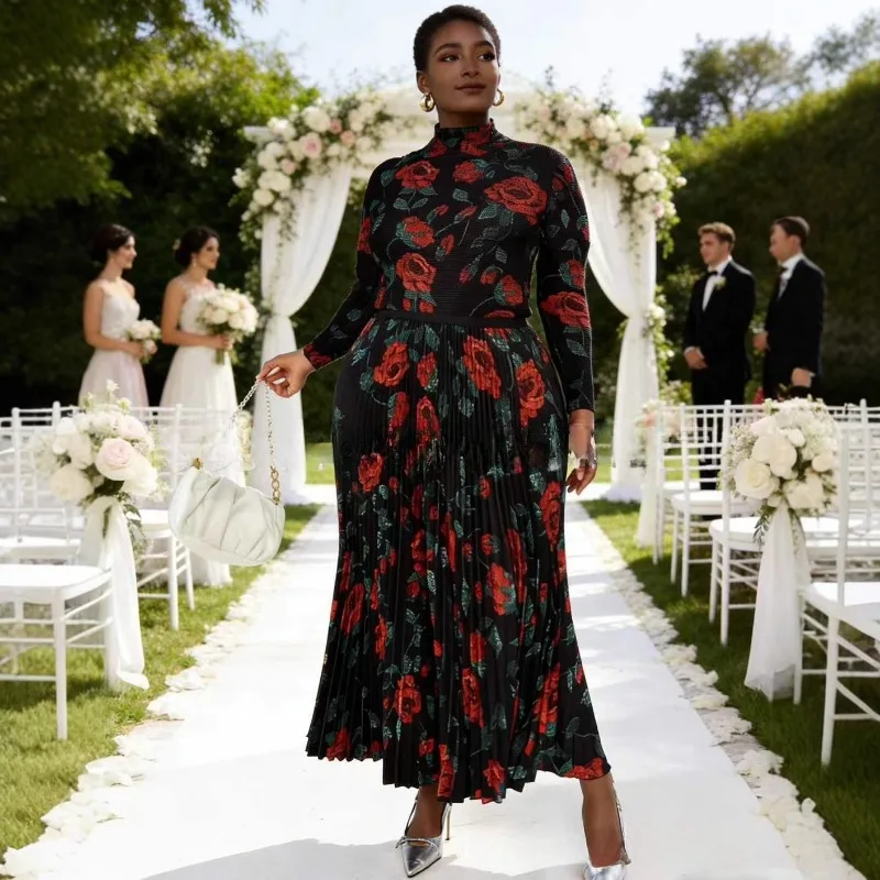 مياكي مطوي Plisse تنورة مجموعة 2026 ربيع جديد الطيات Jupe مجموعة الوفرة الوردية المطبوعة كبيرة الحجم المرأة أضعاف تنورة مجموعة