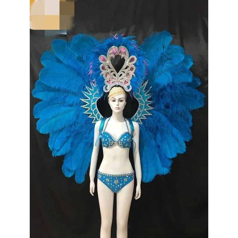 Opening stage performance Feather exaggerated headdress ostrich hair backboard dance team samba dance3-piece set