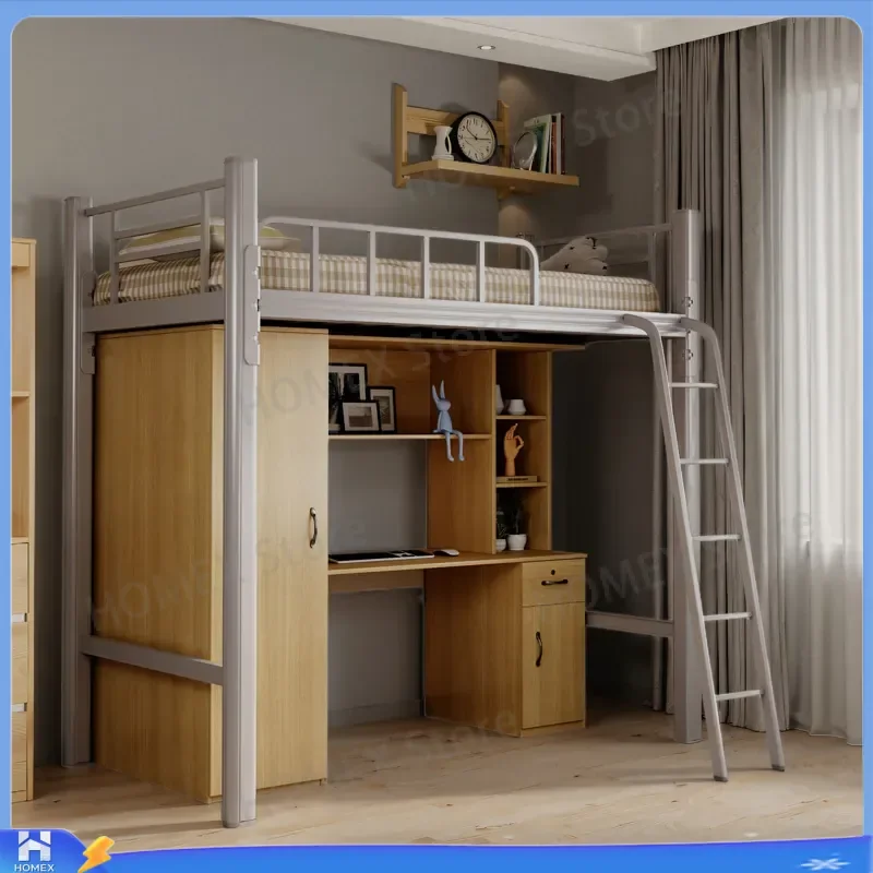 Wrought Iron Loft Bed with Desk Underneath Space Saving Bunk Bed for College Dorm Apartment Small Room Staff Housing