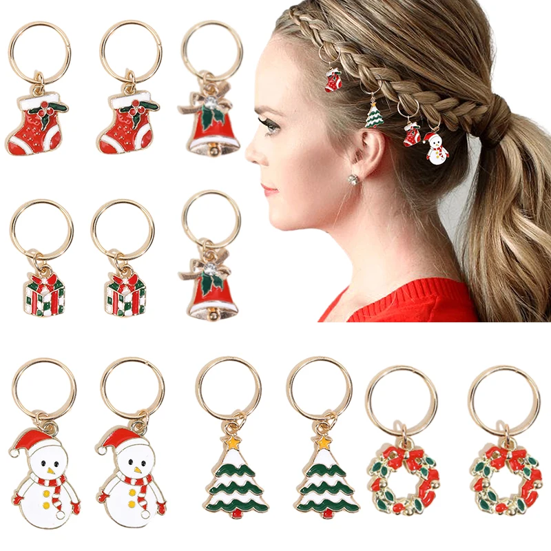 

ncmama 12Pcs/set Cute Christmas Hair Ring For Women Girls Snowman Christmas Tree Hair Braids Jewelry Hairpin Ladies Headwear