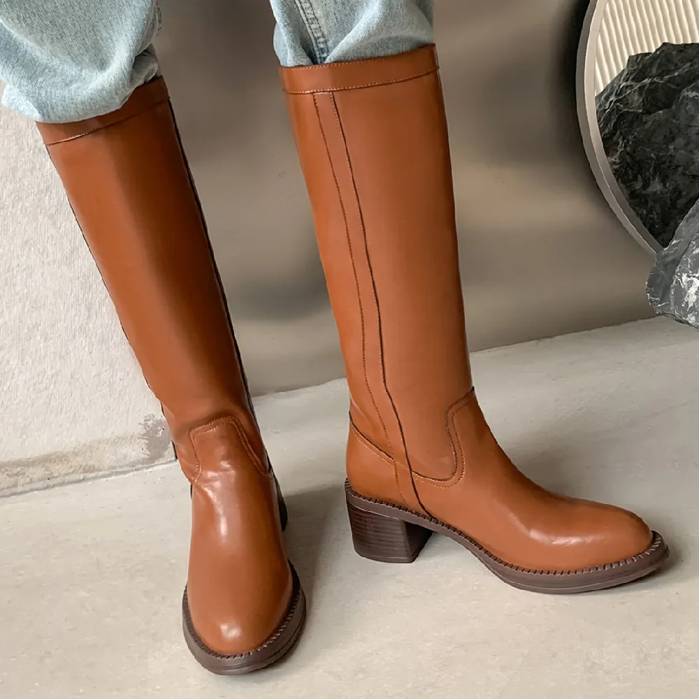 

Women's genuine leather 6cm chunnky heel slip-on fat tube knee high knight boots punk female high boots winter boots shoes women