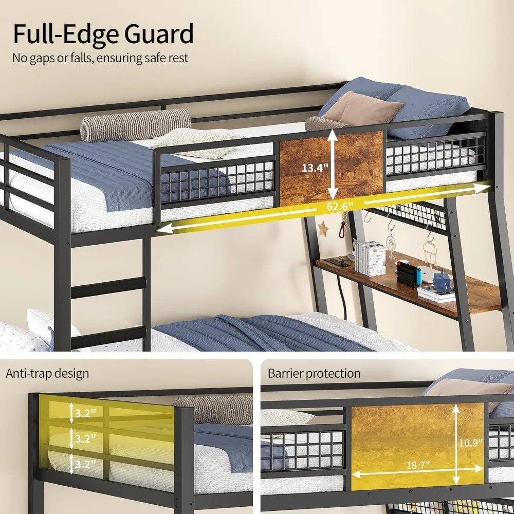 Bunk Bed for Small Space, Bunk Beds Twin Over Twin with Desk, Power Outlets, RGB LED Lights, Storage Drawers, Metal Beds with Sa