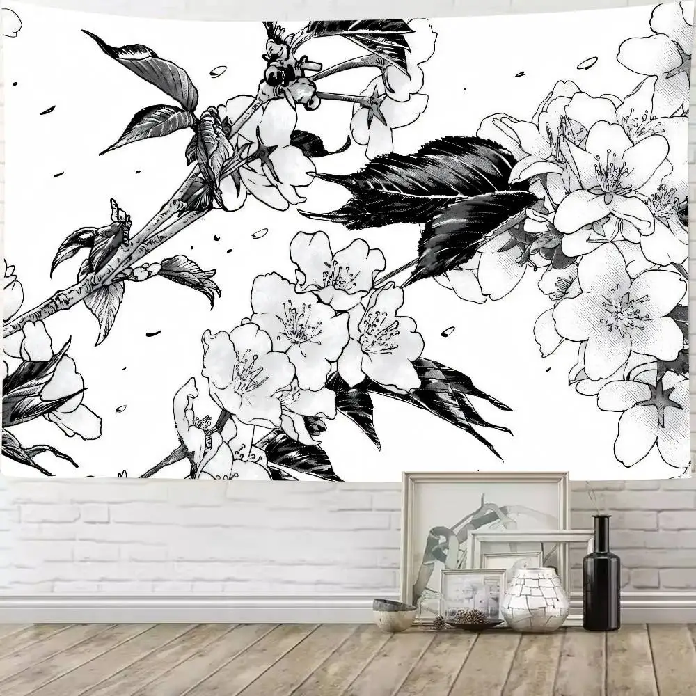 Black White Sketch Cherry Blossom Tapestry, Hand Drawn Sakura Branch  Vintage Floral Line Art Wall Bedroom Decor
