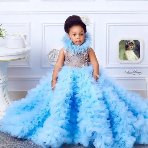 Feahter Girl Pageant Dress Flower Girls Dresses for Wedding Customized Light Sky Blue Kids Ruffles Party Birthday Gowns