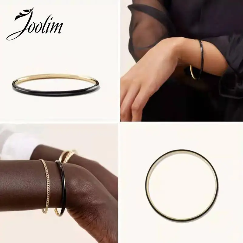 Joolim Jewelry Wholesale Drop Shipping Supplier High End PVD Waterproof Classic Black Enamel Stainless Steel Bracelet for Women