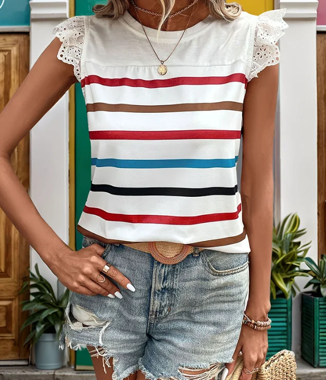 

Summer Tops Woman Casual Sexy Lace Patchwork Ruffle Sleeves Striped T-Shirt Slim Fit Women's Summer Top Cotton T Shirt Woman