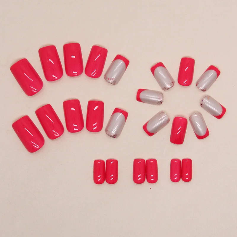 24 stuks Franse opdruknagels - massief magenta met glitter Ombré-tips medium balletvorm Ins-luxe stijl