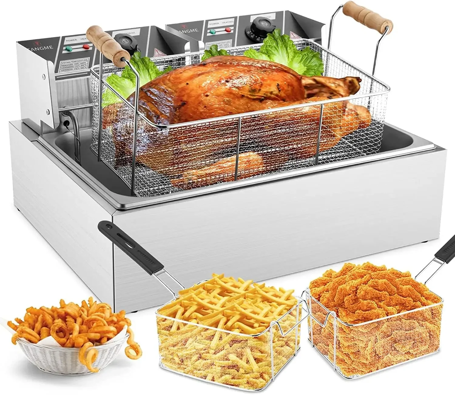 

Commercial Deep Fryer, 3400w Electric Turkey Fryer with 3-Baskets, 22L/23.25Qt 1mm Thickened Stainless Steel Countertop Single