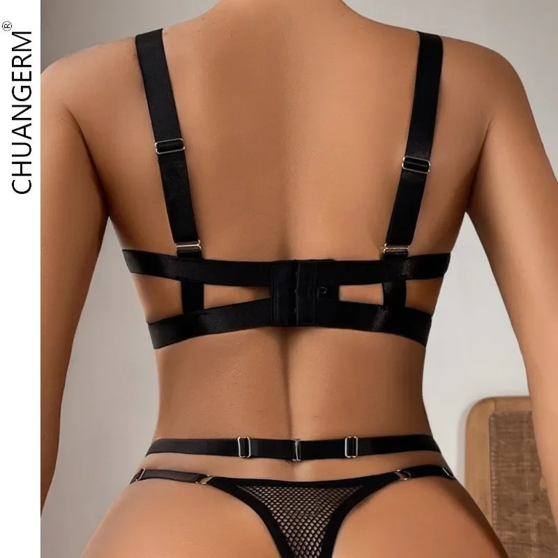 CHUANGERM,Straps Female Underwear Garters Women's Panties Interesting Sleepwear Hollow Lingerie Sexy Bras Three Piece Set