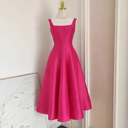 Thick Satin Spaghetti Strap Wedding Party Dress For Women Hepburn Style Slash Neck Backless Solid A-Line Pleated Prom Vestido