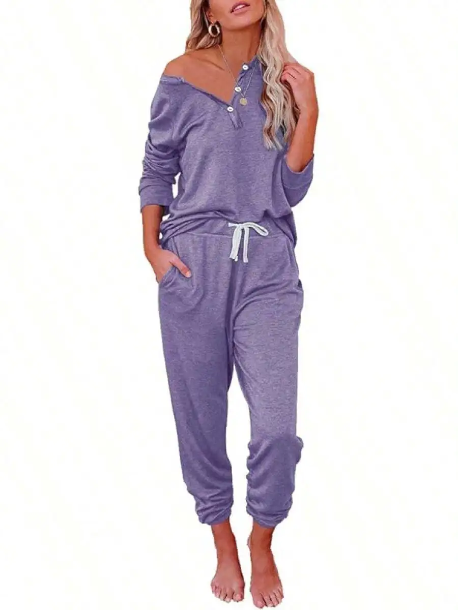 Women Loose Off Shoulder Button Up Lounge Set With Jogger Pants