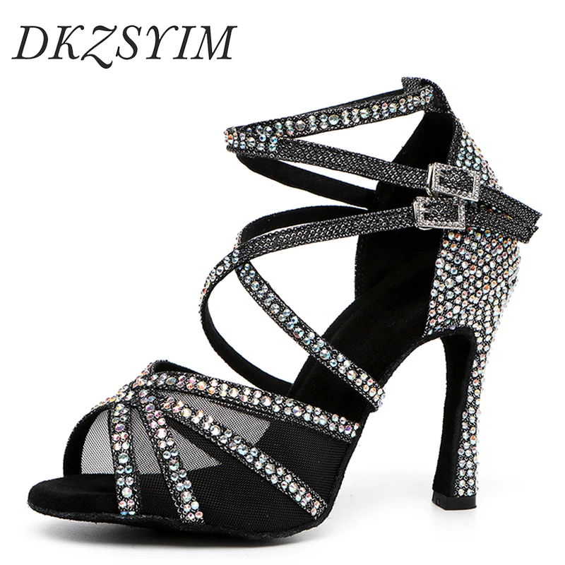 DKZSYIM Rhinestone Women Latin Dance Shoes Latin Salsa Girl Dancing Shoes Black Shiny Ballroom Dance Shoes For Girls Ladies