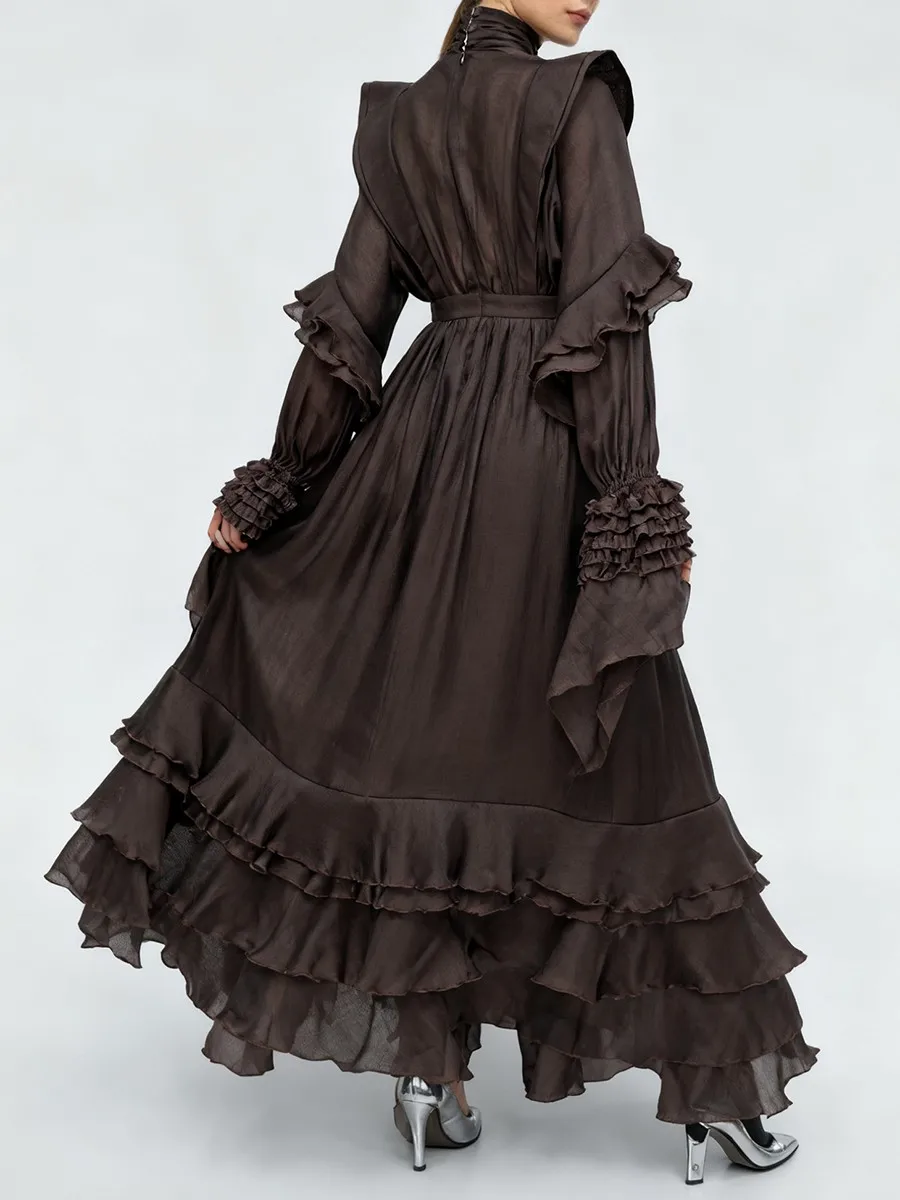 TWOTWINSTYLE خمر تقسم قطع سليم منتصف فستان للنساء الوقوف طوق كم طويل المتدرج تكدرت هيم ثوب أنيق الإناث #3