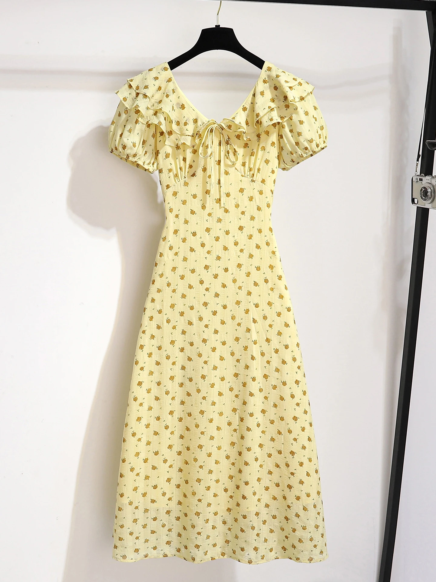 Gele Bloemenprint Zomer Dr Dames Retro Sle Hoge Taille Afslankende Lange Rok Theepauze Ritssluiting Bubble Sve V-...