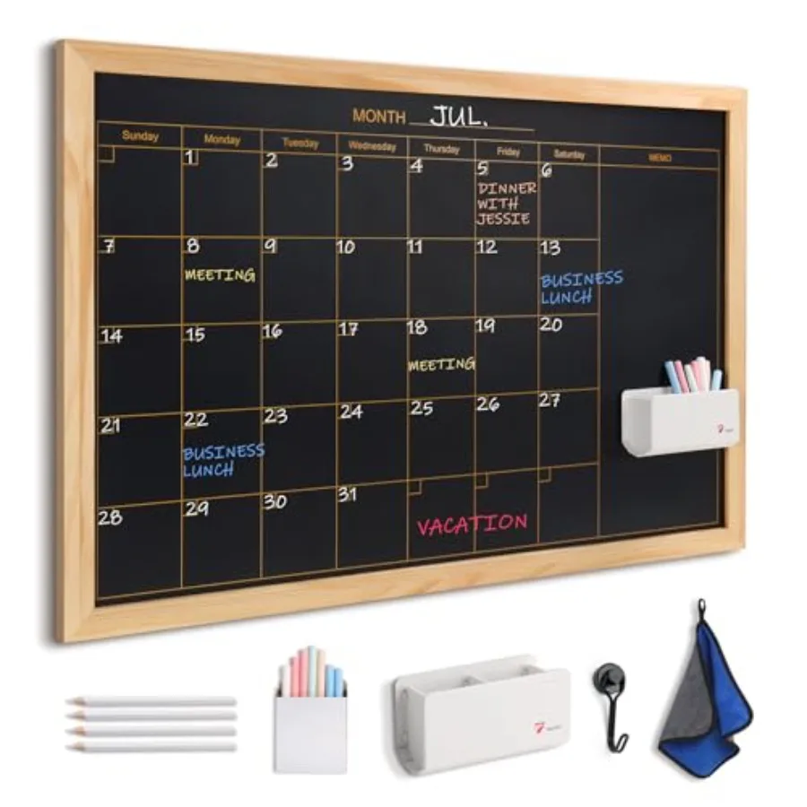 

36"x24" Large Wooden Framed Magnetic Chalkboard Calendar Wall Monthly Planner and Organizer 4 Chalk Pencils, Color Chalk Set, M