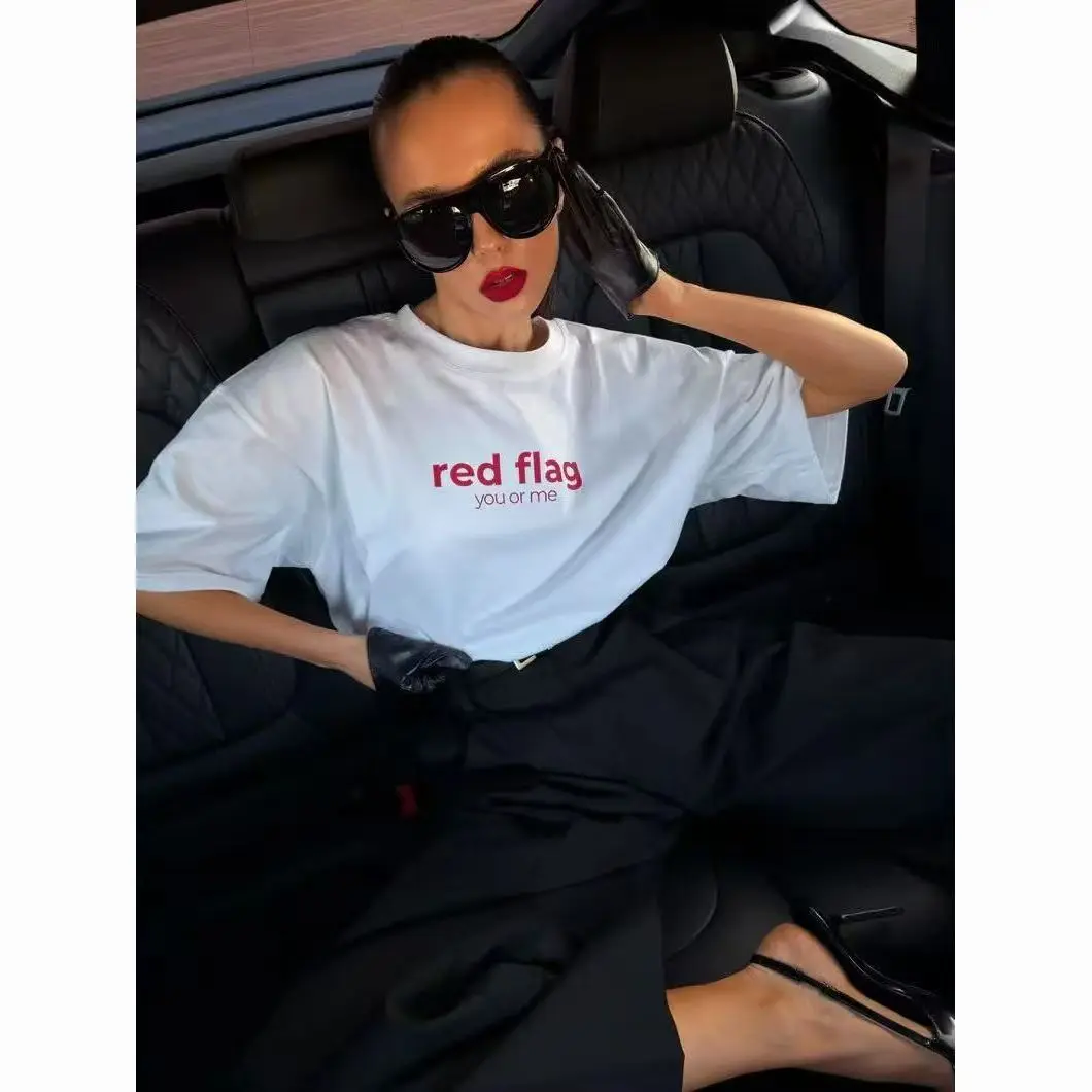 Amerikanische Rote Flagge Buchstaben-Grafik T-Shirt Damen Sommer Baumwolle Bequemes Kurzarm-Shirt Weibliche Lockere T-Shirts Dropshipping