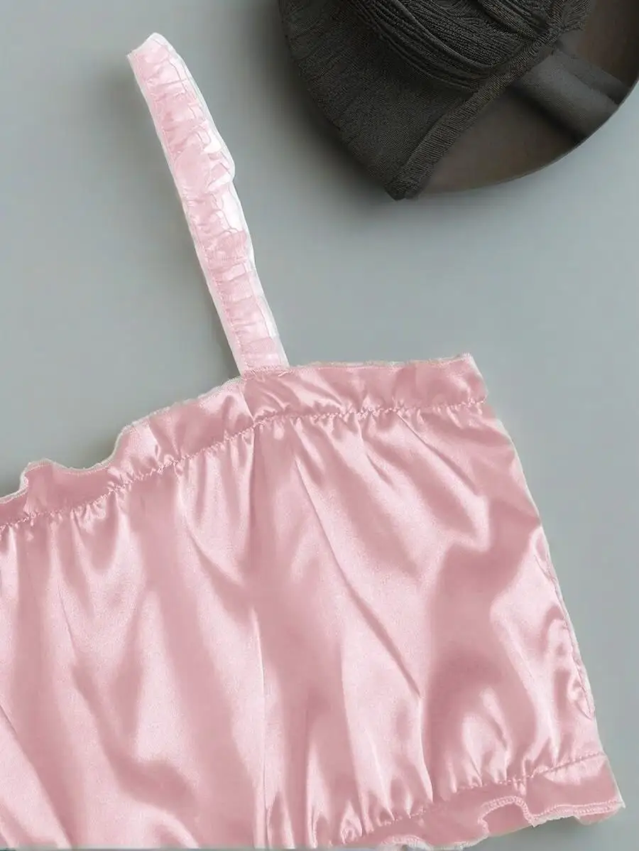 Three Piece Women's Pink Solid Satin Vest Shorts and Pants Paired with Ribbed Fabric for Home Casual Sexy Lingerie Sleepwear Set