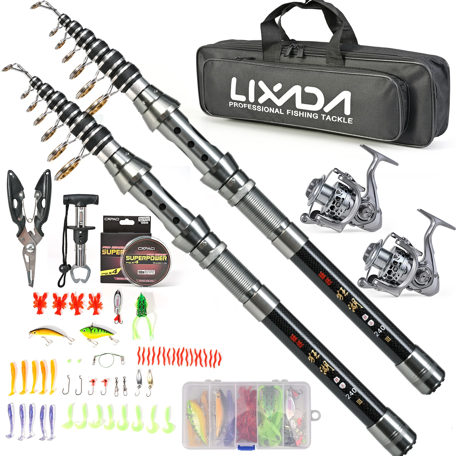 Fishing Pole Reel Combos Telescopic Fishing Rod Kit with Fishing Pliers and Fish Lip Grip Tool 1.5m/ 1.8m/ 2.1m/ 2.4m