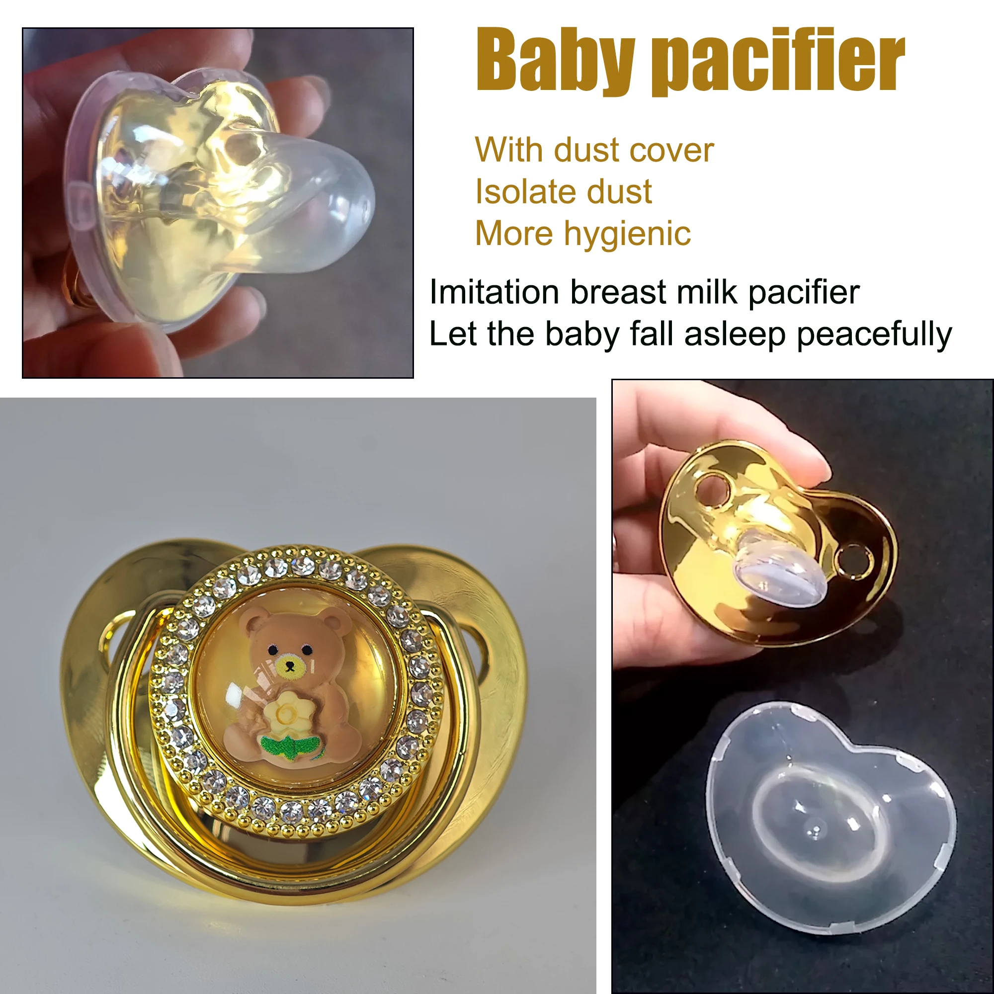 3D 3D teddy bear baby pacifier with dust cover for instant peace, the best prop for baby photography, BPA free