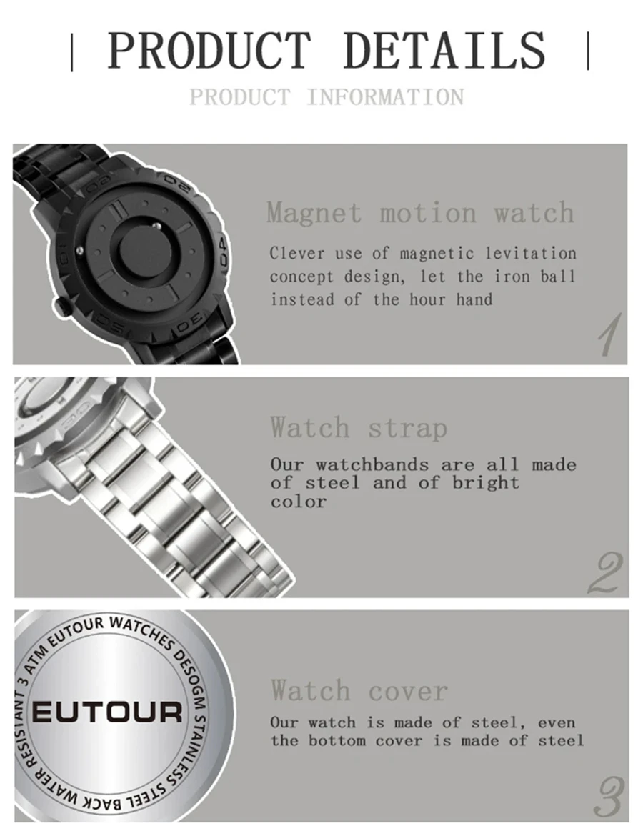 EUTOUR-Montre à quartz en acier inoxydable avec boule magnétique pour homme, montre-bracelet de sport étanche, horloge masculine, mode de luxe, 2024