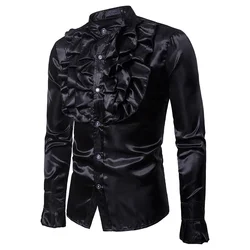 Black Men Satin Shirt Victorian Ruffled Blouse Vintage Long Sleeve Wedding Tuxedo Shirt Button Slim Fit Party camisas masculina