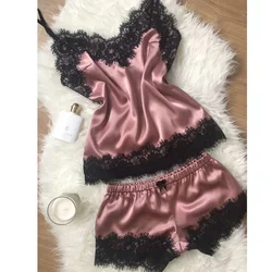 2024 Women Pajama Suit Fashion V-Neck Stretch Satin  Lace Sexy Lingerie Bowknot Pyjamas Sleep Shorts Set Sleepwear New