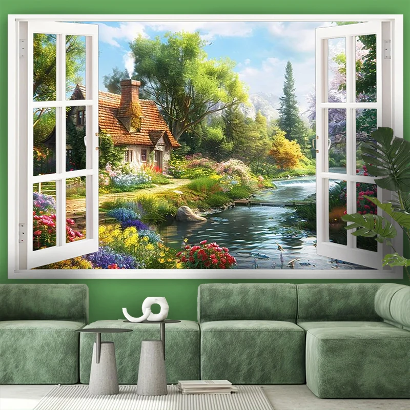 1PC Digital Print Tapestry Wall Hanging, Fake Window Sunset Mountain Lake View Art, Nature Scenery 3D Window Wall Art Decor - view 2