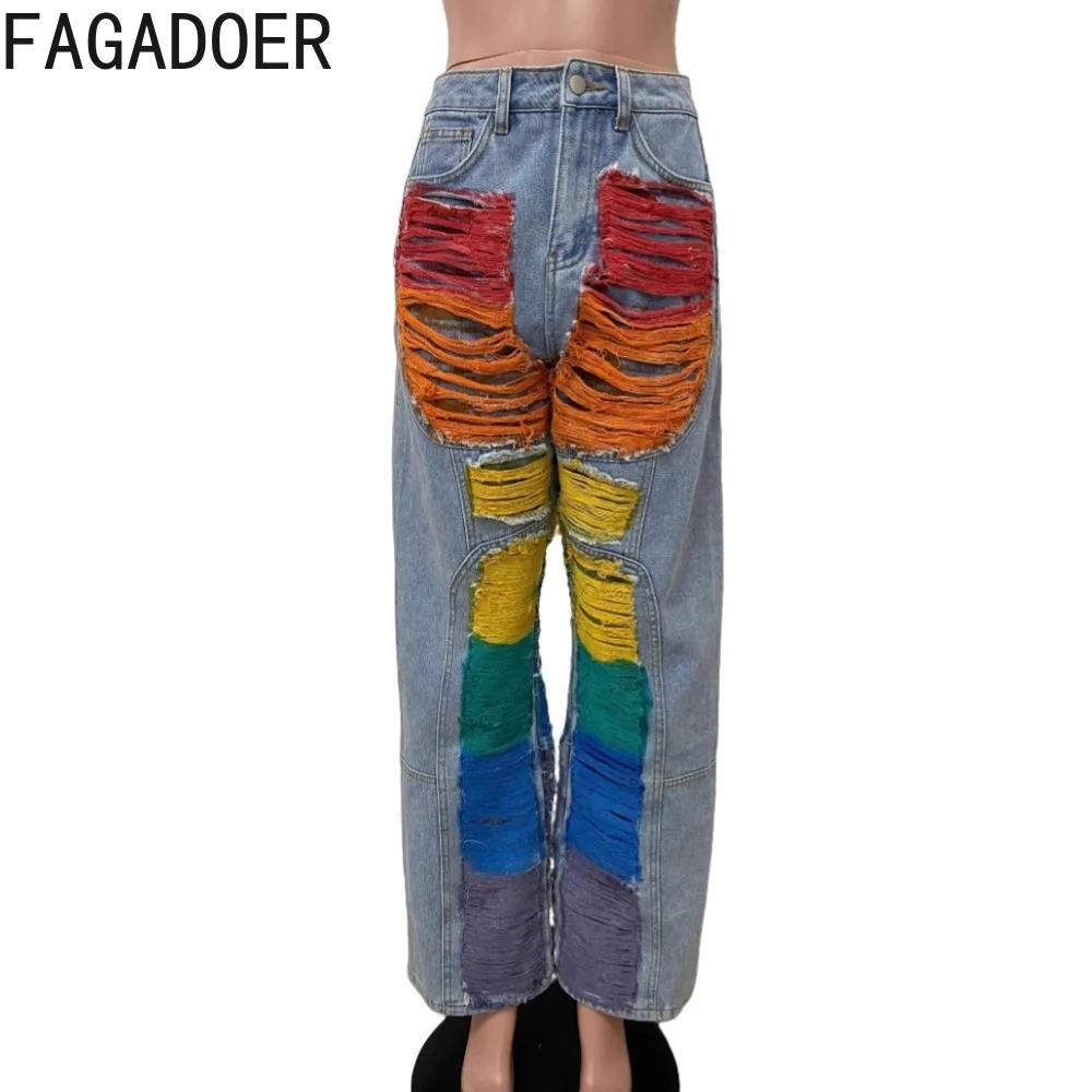 FAGADOER Vintage Fashion Gradient Denim Pants Women Blue Zipper Tassels Patchwork Jeans Female Streetwear Bottoms 2025 New