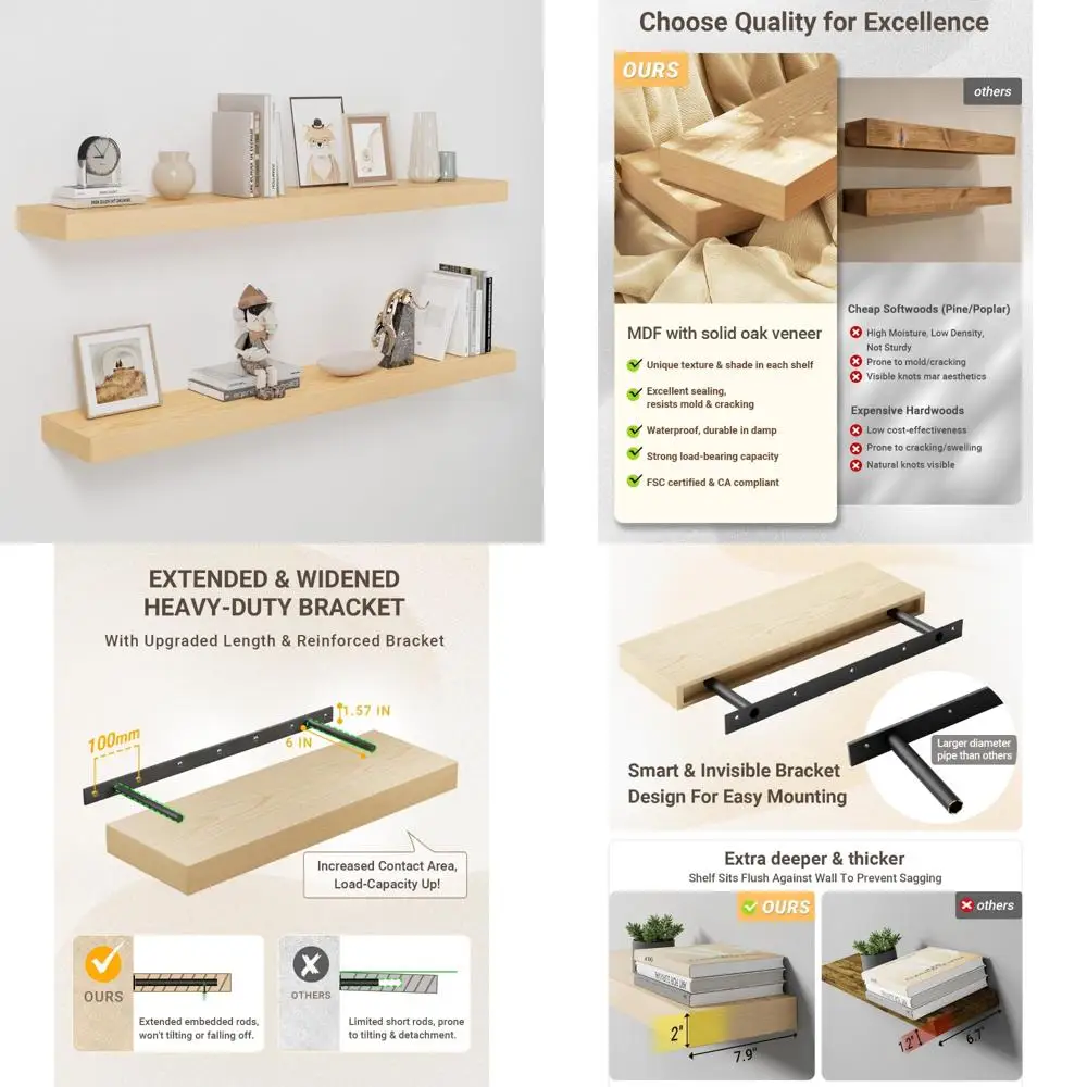 أرفف عائمة من خشب البلوط الأبيض للجدار، 2 رفوف عائمة من الخشب السميك المثبت على الحائط، 48 رفًا عائمًا طويلًا للمطبخ