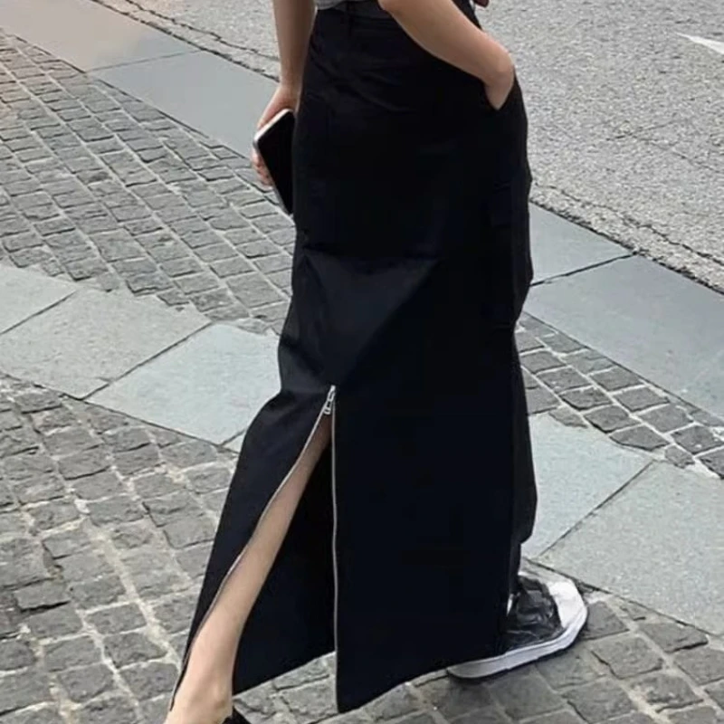 Black Frock Skirt Female 2025 Spring and Summer High Waist Slim Split A-shaped Long Skirt