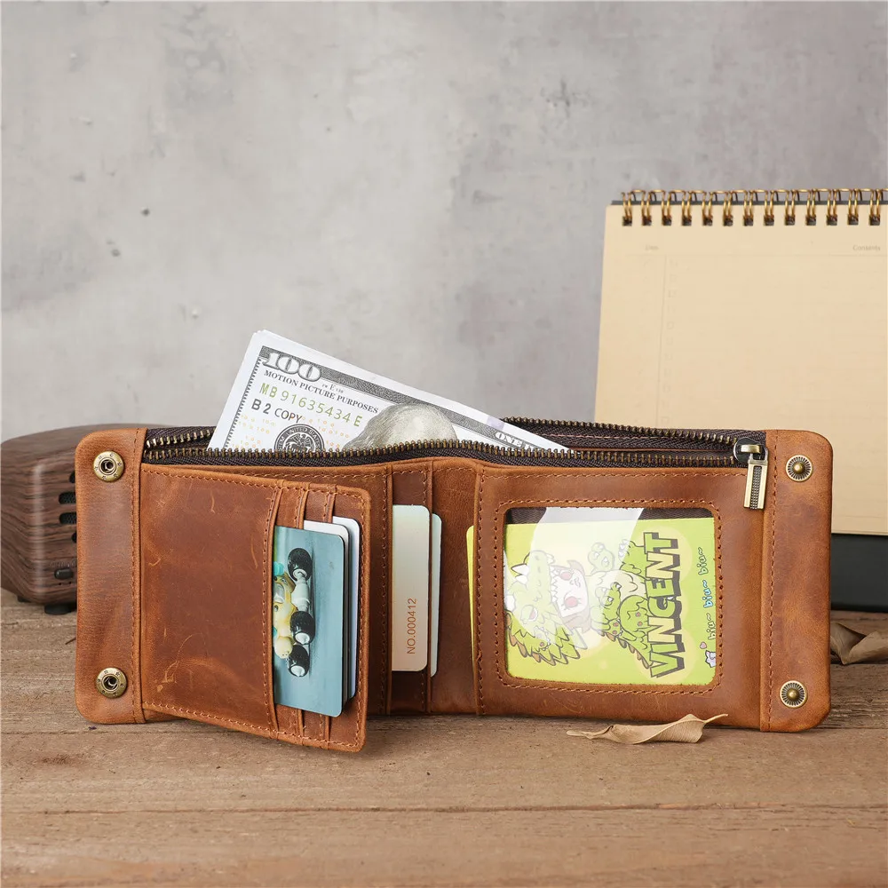 1147 Unisex Crazy Horse Leather Retro Wallet Horizontal Zipper Wallet Cowhide Simple Casual Real Pickup Clip