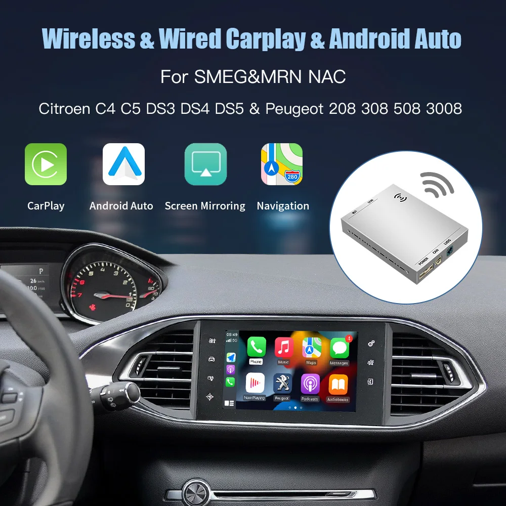 CARABC bezprzewodowy Carplay Android Auto pasuje do Peugeot & Citroren SMEG & MRN NAC 208 308 508 3008 i C4 DS3 DS4 DS5 kamera cofania