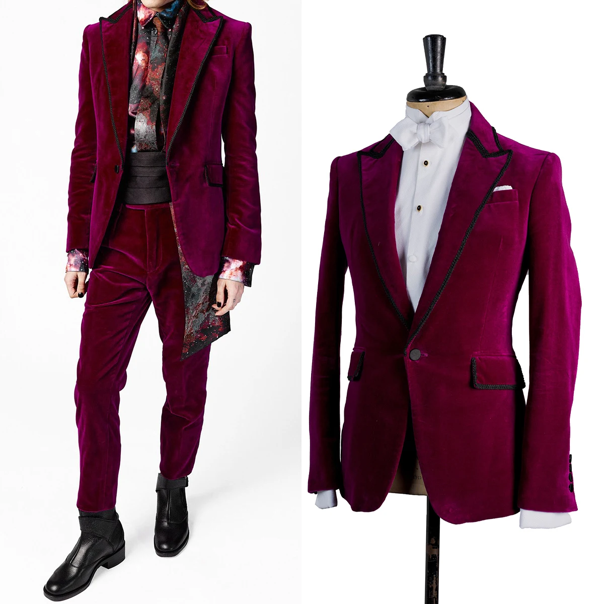 

Burgundy Velvet Men's Suits Tailor-Made 2 Pieces Blazer Pants One Button Business Slim Fit Wedding Groom Tailored Plus Size