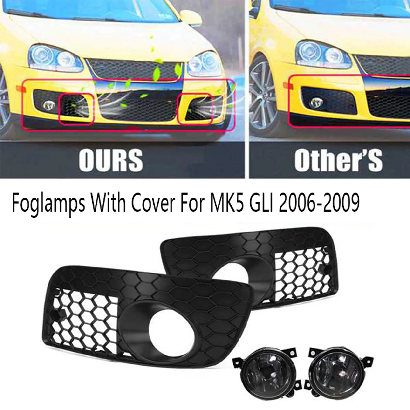 1Set Fog Light Foglamps with Cover Honeycomb Mesh Grilles for Jetta MK5 GLI 2006-2009