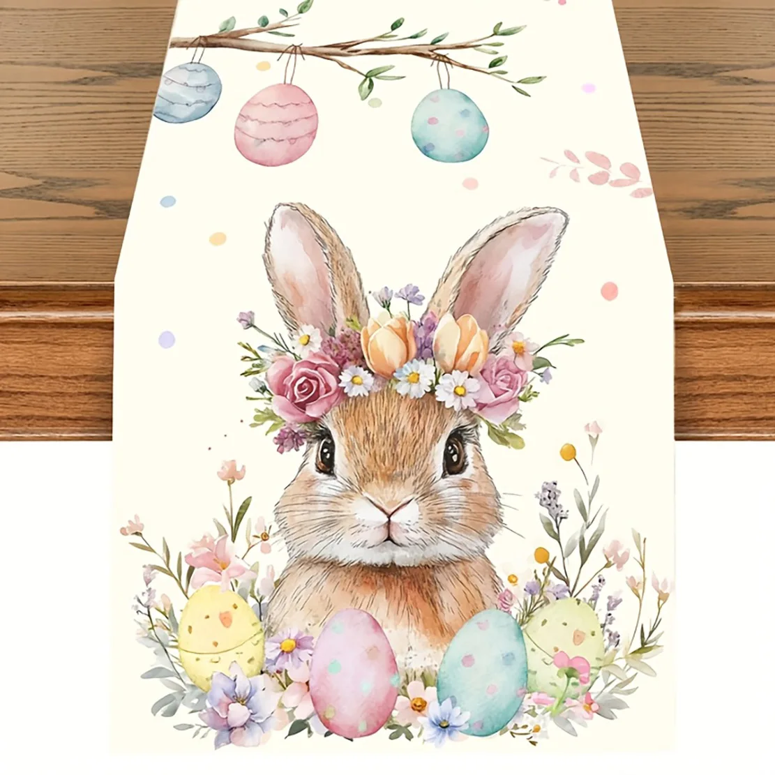1Pc Easter Bunny Table Runner, Cute Rabbit Eggs & Floral Print, Spring Seasonal Kitchen Dining Decor, Farmhouse Style for Home