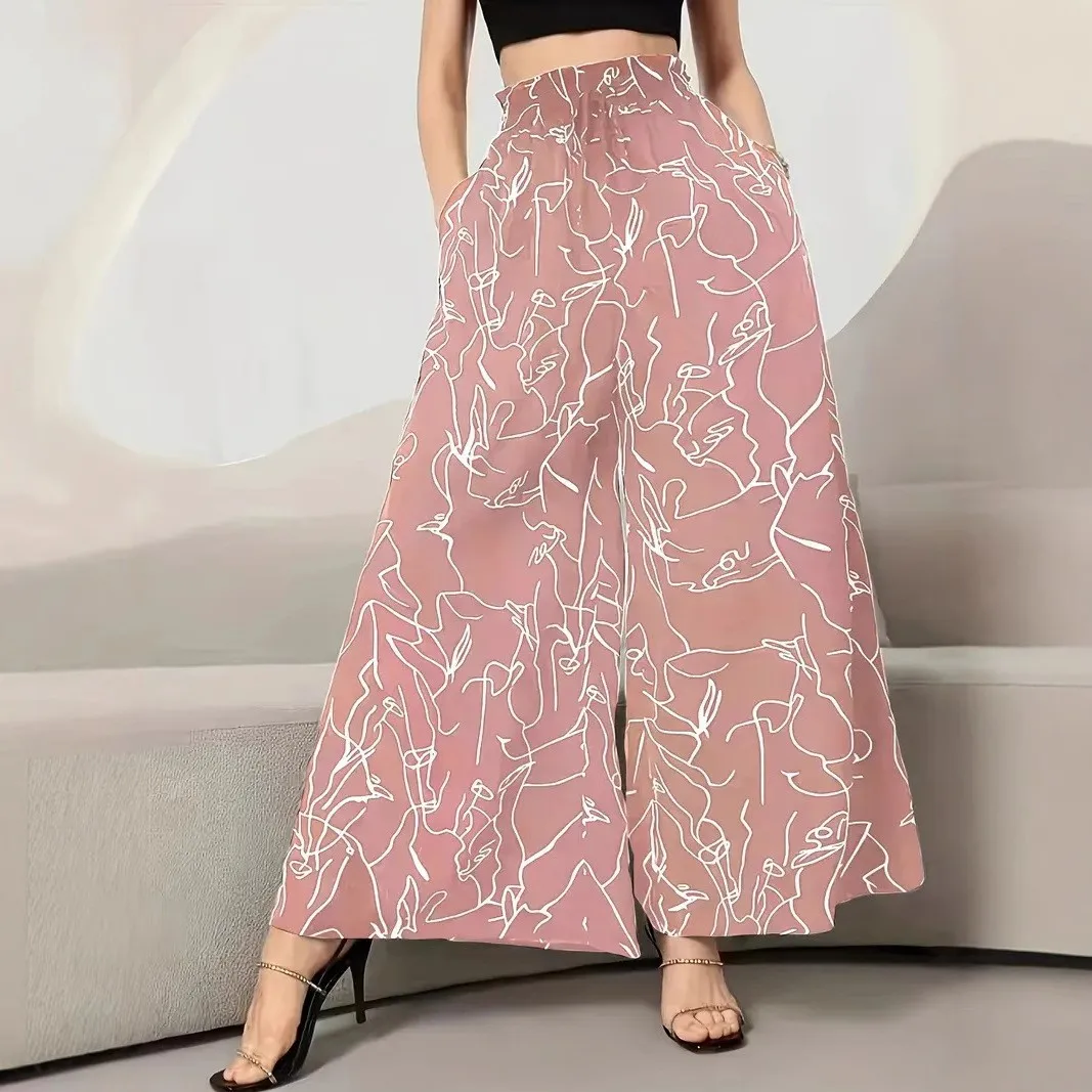 Women's Summer Skirt Floral Print Ruffle Elastic Long Skirt Wide Leg Pleated Solid Color Maxi Skirt Abstract Line Drawstring