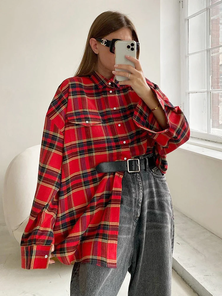 2023 Autumn Winter Women Vintage Oversized Long Thick Plaid Shirt Long Sleeve Ladies Loose Fit Blouse For Woman