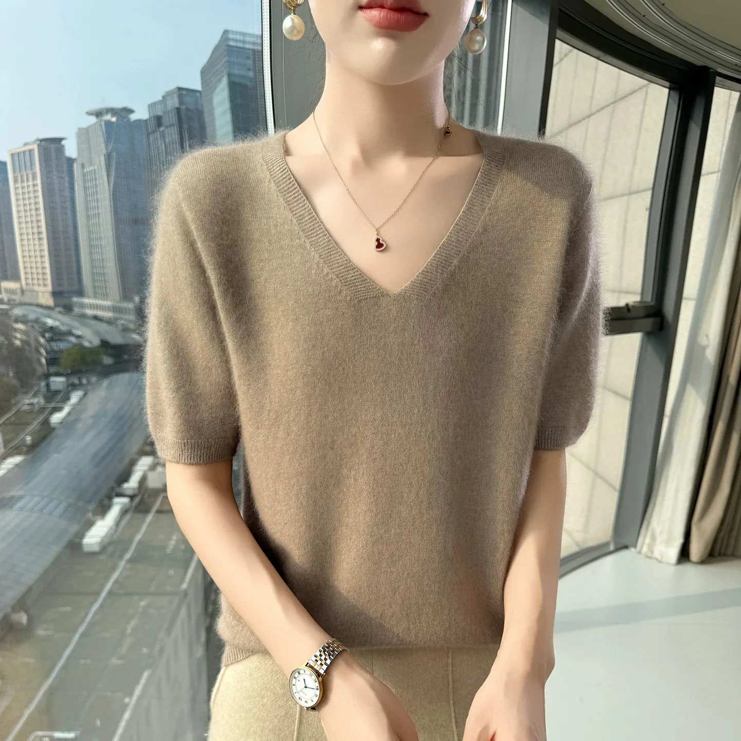 Spring Autumn 100% Mink Cashmere Short Sleeve Women' T-Shirt Loose V-Neck Solid Color Knit Sweater Casual Business Base Pullover