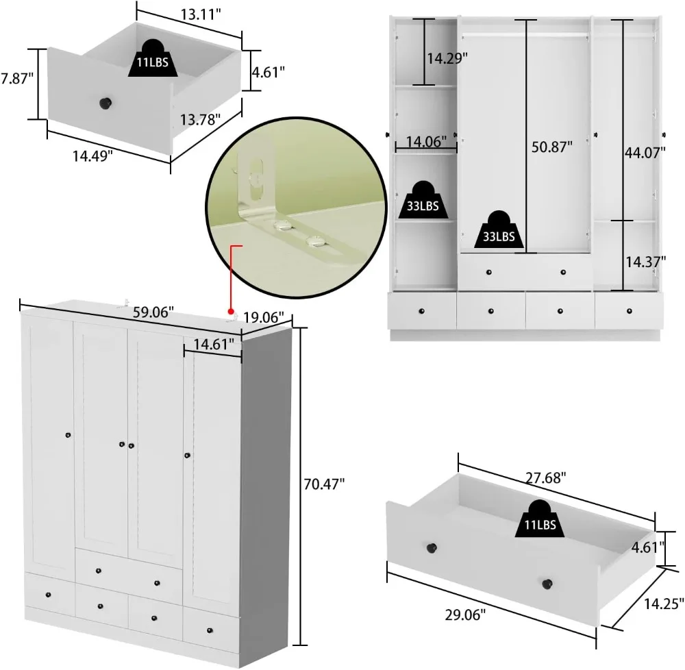 Large Wardrobe Armoire with Multi-Tier Shelves, 5 Drawers, Hanging Rod & 4 Louver Doors, Wooden Closet Storage Cabinet forBedroo