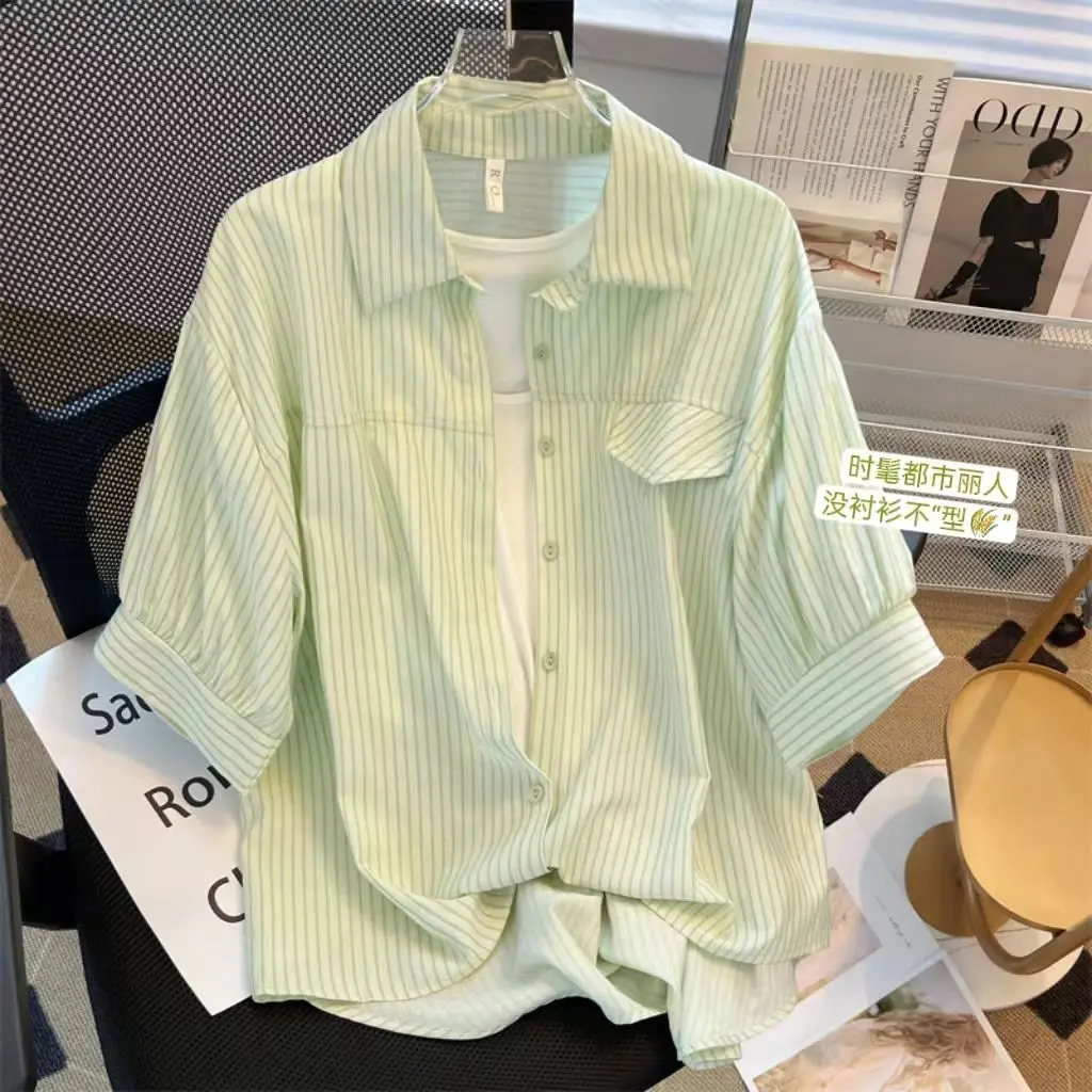 

Plus Size 5XL 150KG Summer Striped Shirt Turn Down Collar Large Women Top Women Short sleeve Shirt Big Women Top