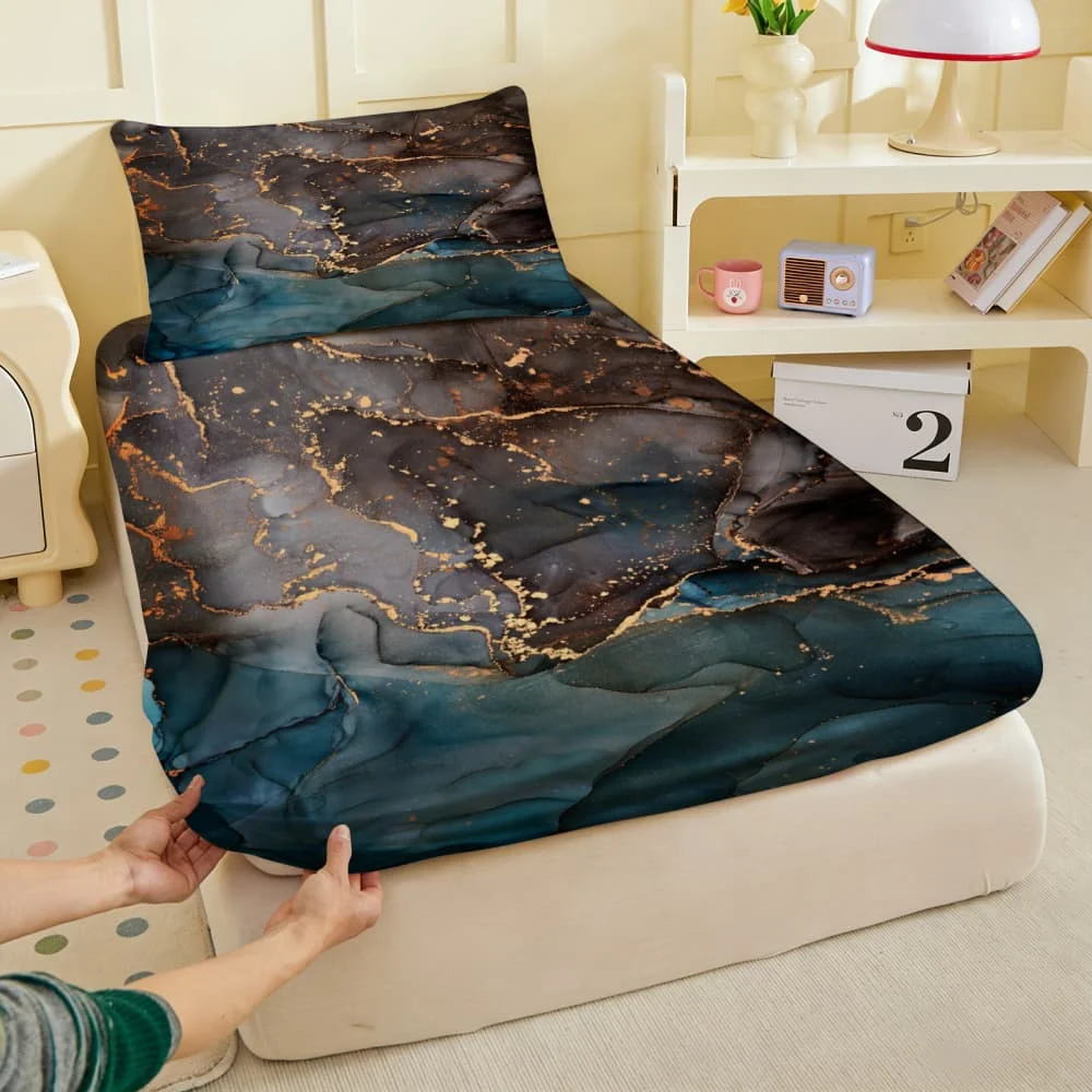 1pc Deep Teal & Charcoal Ink Marble Print Fitted Sheet Deep Pocket Elastic Mattress Cover Single Double Queen King Bedroom Decor