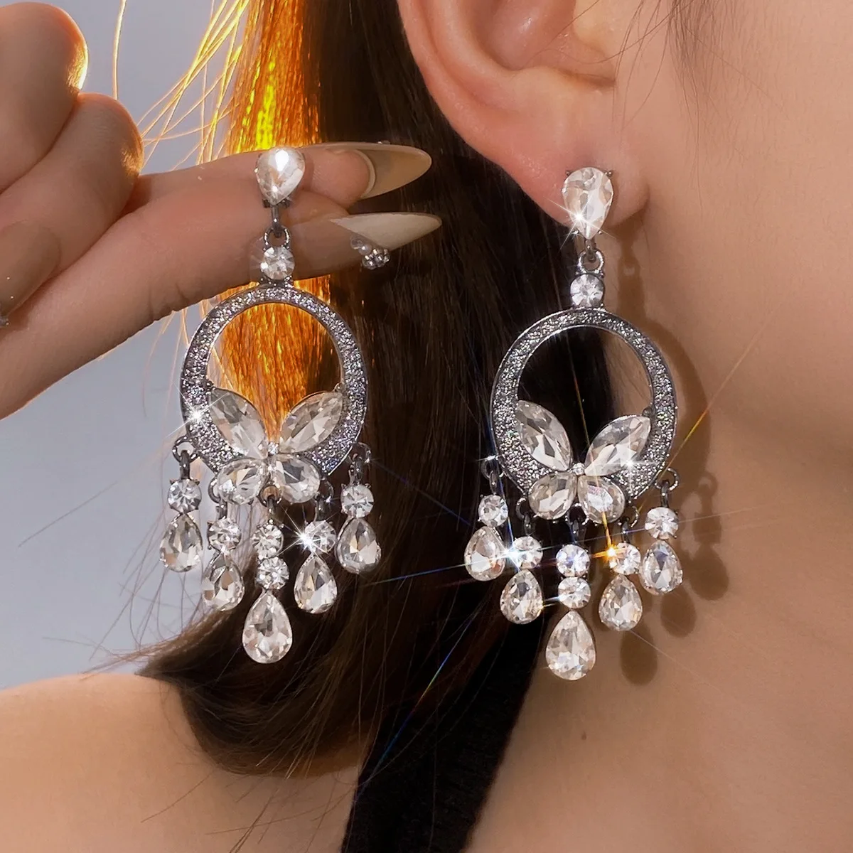 Silver Needle Diamond Geometric Butterfly Tassel Earrings Light Luxury Premium Earrings Super Immortal Elegant Earrings Design N