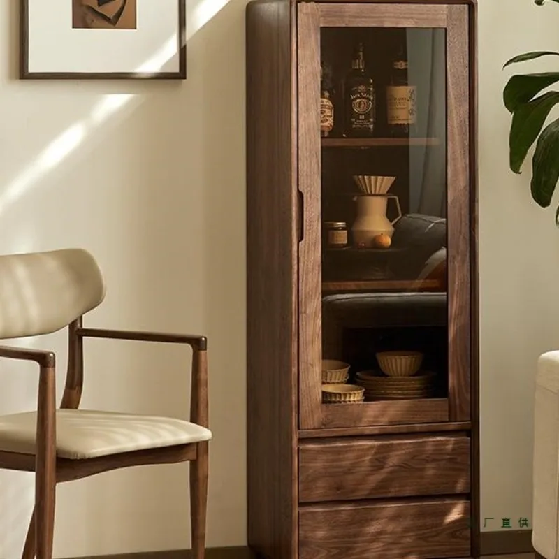 

Wood wine cabinet Nordic simple solid wood vertical cabinet home living room glass display