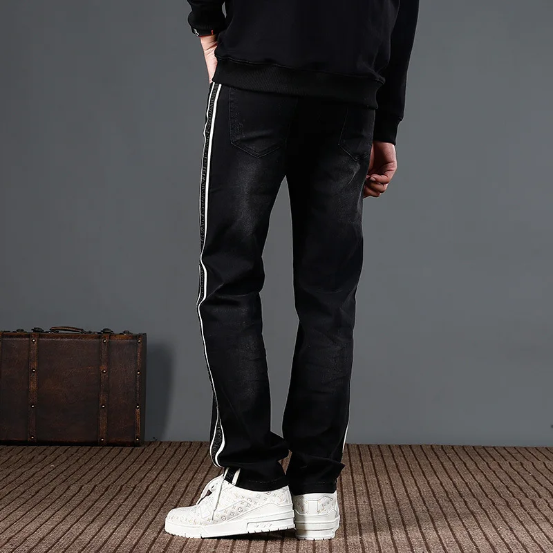 2024 New Fashion Stripe Black Jeans Men's Loose Straight Street Trend American Sports Style Denim Pants