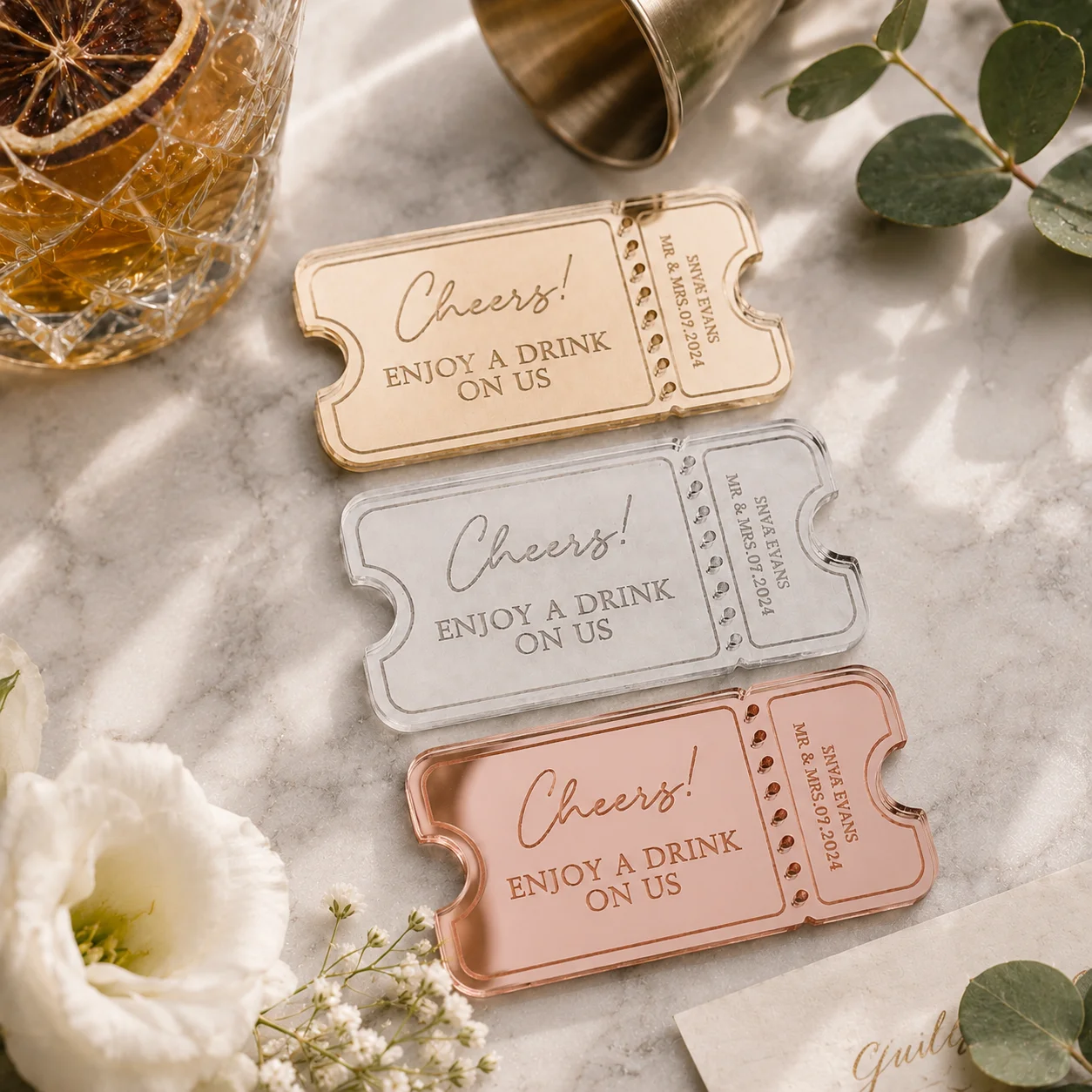 20/50/80Pcs Personalized Wedding Drink Tokens Custom Ticket Bar Tokens Cheers Drink Voucher Guest Favors Tags Party Keepsakes