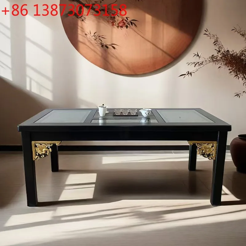 

Ming and Qing classical Chinese solid wood black and gold retro tea table hand-painted gold carving living room tea table