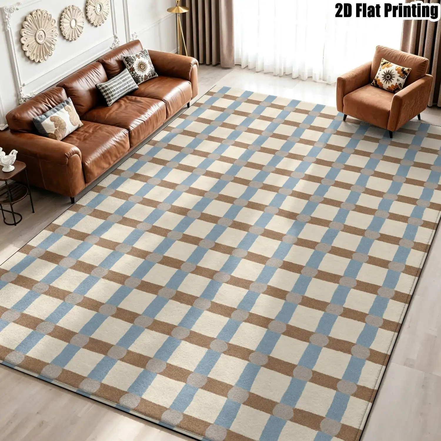 1Pc 2D Printed Blue-Brown Geometric Striped Carpet, Nordic/Instagram Style, Modern Minimalist Vintage Home Decor Floor Mat, Multi-Size, Machine Washable, for Entrance, Dining, Foyer, Bedroom, Living Room